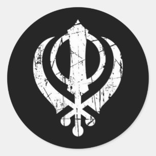 Scratched White Sikh Khanda Symbol on Black Classic Round Sticker