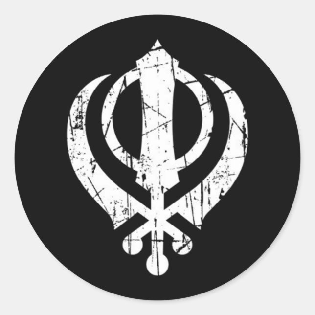 Scratched White Sikh Khanda Symbol on Black Classic Round Sticker (Front)