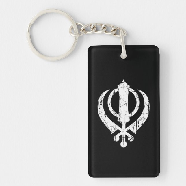 Scratched White Sikh Khanda Symbol on Black Key Ring (Front)
