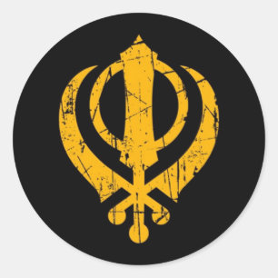 Scratched Yellow Sikh Khanda Symbol on Black Classic Round Sticker