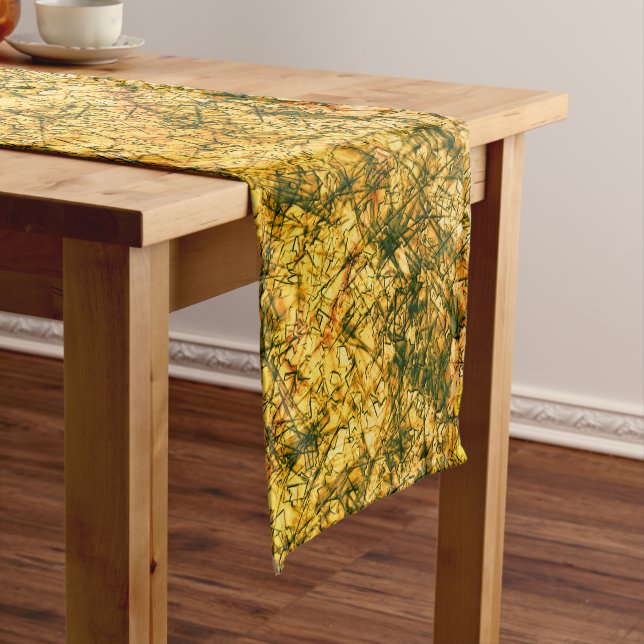 Scratches on a lightly spotted ochre yellow image short table runner (In Situ)