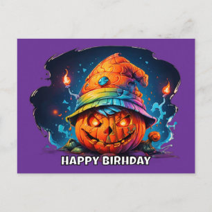 scray jackolantern with birthday hat pyschedelic postcard