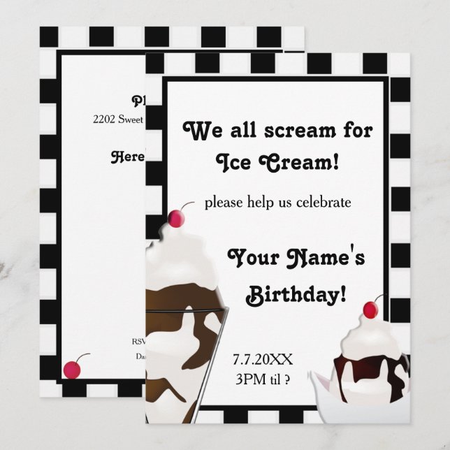 Scream for Ice Cream Birthday Party Invite (Front/Back)