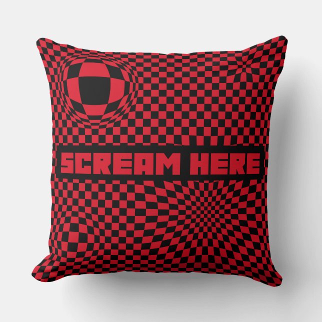 Scream Here | Red Chequered Optical Illusion Throw Cushion (Front)