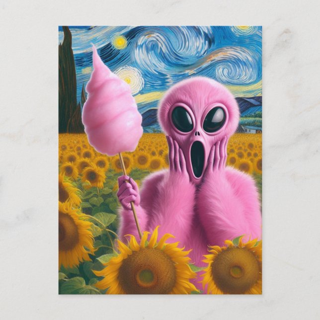 Screaming Alien Holding Cotton Candy Sunflowers Postcard (Front)