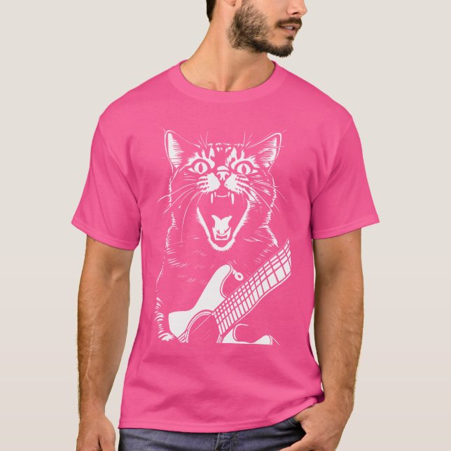 Screaming Cat Musician Playing Acoustic Guitar T-Shirt (Front)