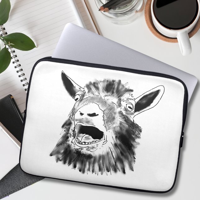 Screaming Goat Funny Drawing Laptop Sleeve (Funny screaming goat drawing black and white laptop sleeve)