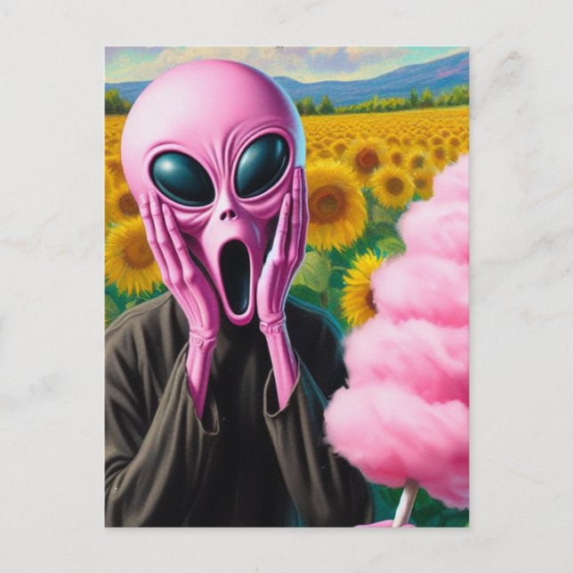 Screaming Pink Alien with Cotton Candy  Postcard (Front)