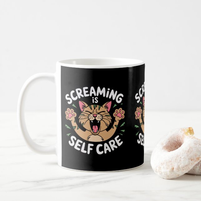 Screaming Self Care Funny Cat Owners Cat Mum Dads Coffee Mug (With Donut)