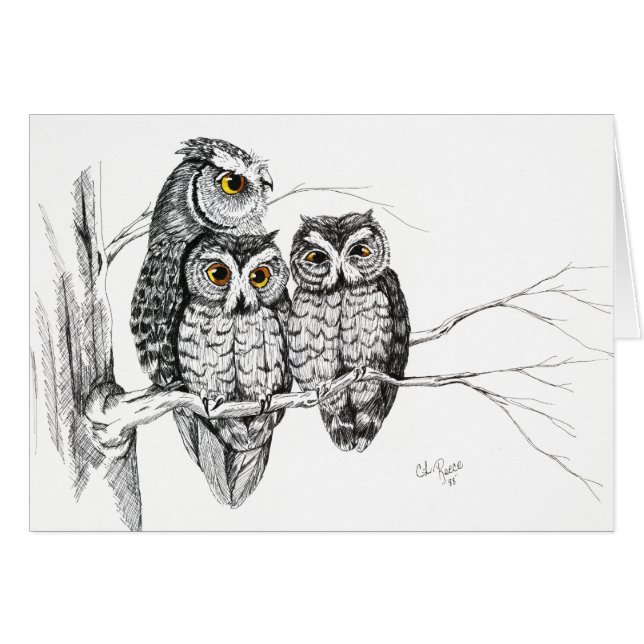 Screech Owl Family 2 Card in ink (Front Horizontal)