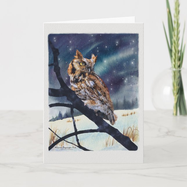 Screech Owl Winter Night Holiday Card (Front)