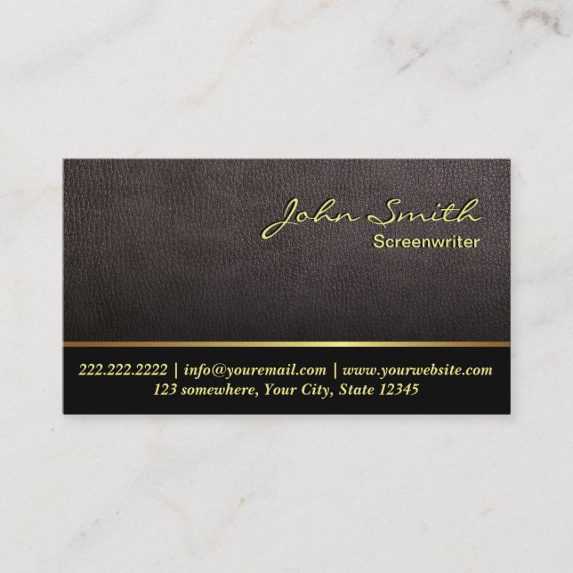 Screenwriter Elegant Dark Leather Business Card (Front)