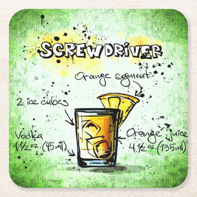 Screwdriver Drink Recipe Square Paper Coaster (Front)