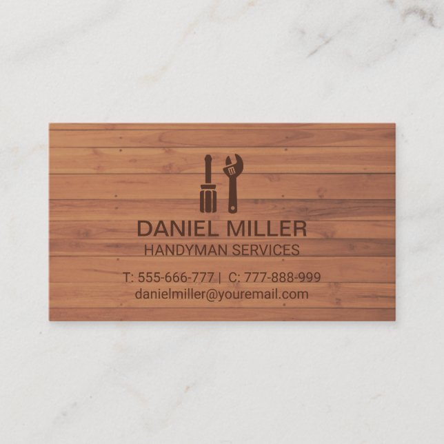 Screwdriver Spanner Handyman Wooden Texture Business Card (Front)
