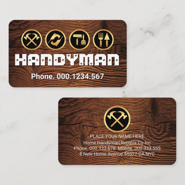 Screwed HANDYMAN Tools On Wood Business Card (Front/Back)