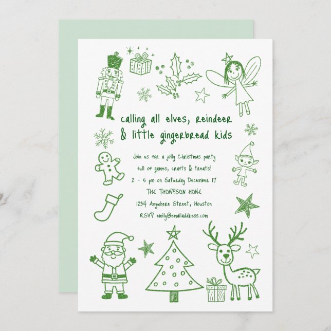 Scribble Art Glitter Green Kids Christmas Party Invitation (Front/Back)