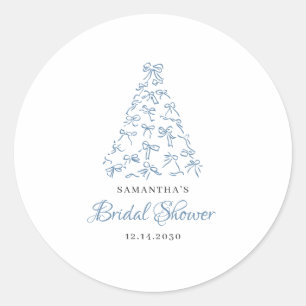Scribble Blue Bow Christmas Tree Bridal Shower  Classic Round Sticker