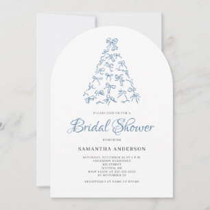 Scribble Blue Bow Christmas Tree Bridal Shower Invitation