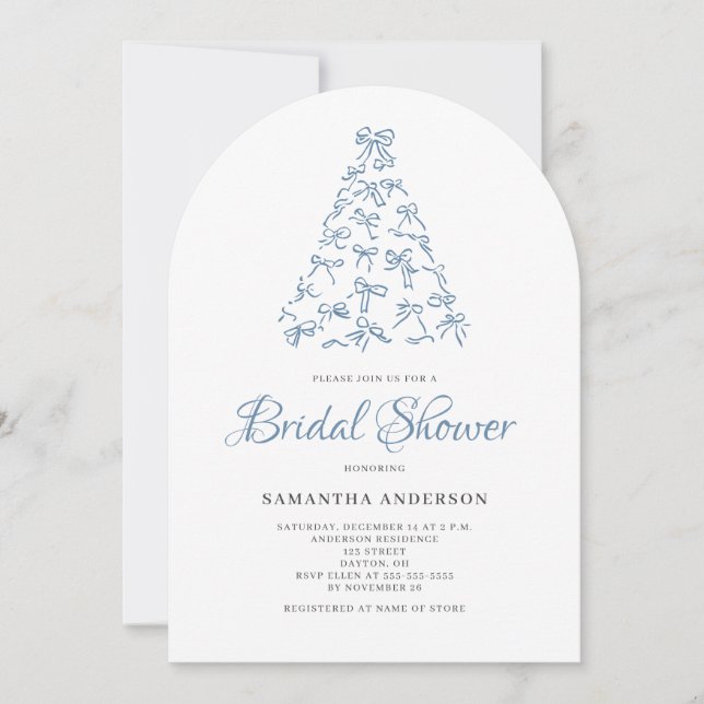 Scribble Blue Bow Christmas Tree Bridal Shower  Invitation (Front)