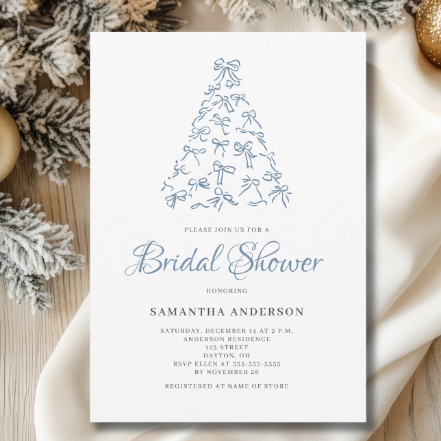 Scribble Blue Bow Christmas Tree Bridal Shower  Invitation (Creator Uploaded)