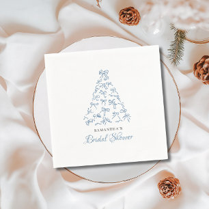 Scribble Blue Bow Christmas Tree Bridal Shower  Napkin