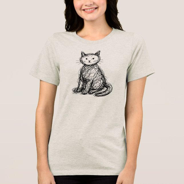 Scribble Cat Abstract Sketch Minimalist Cat Art Tri-Blend Shirt (Front)