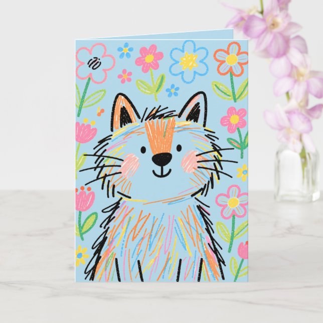  Scribble Cat Greetings Card Blue (Orchid)