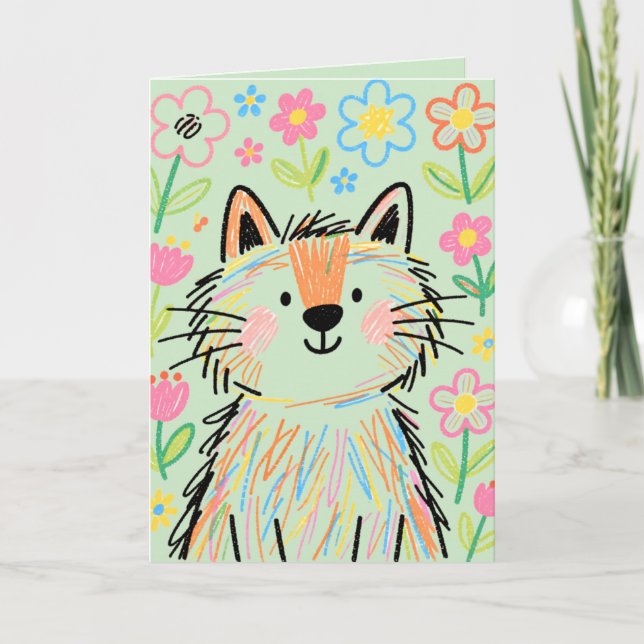  Scribble Cat Greetings Card Green (Front)