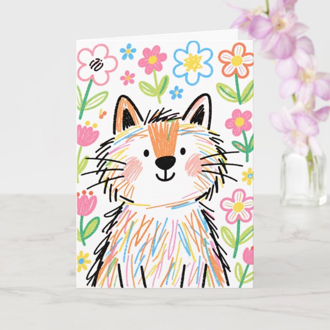 Scribble Cat Greetings Card White (Orchid)
