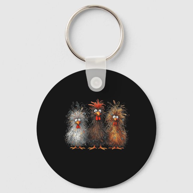 Scribble Chicken Trio Wild Hair Funny Crazy Chicke Key Ring (Front)