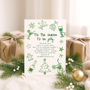 Scribble Doodles Glitter Green Christmas Party Invitation