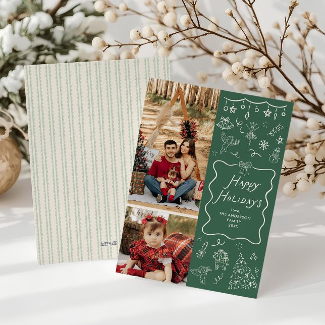 Scribble Hand Drawn Green Happy Holidays 2 Photo Holiday Card (Creator Uploaded)