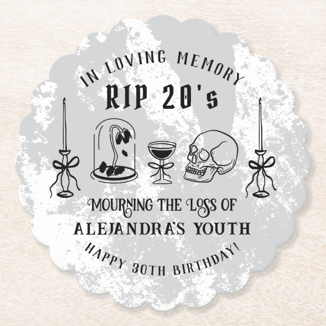Scribble RIP 20s Death to My Youth 30th Birthday Paper Coaster (Front)
