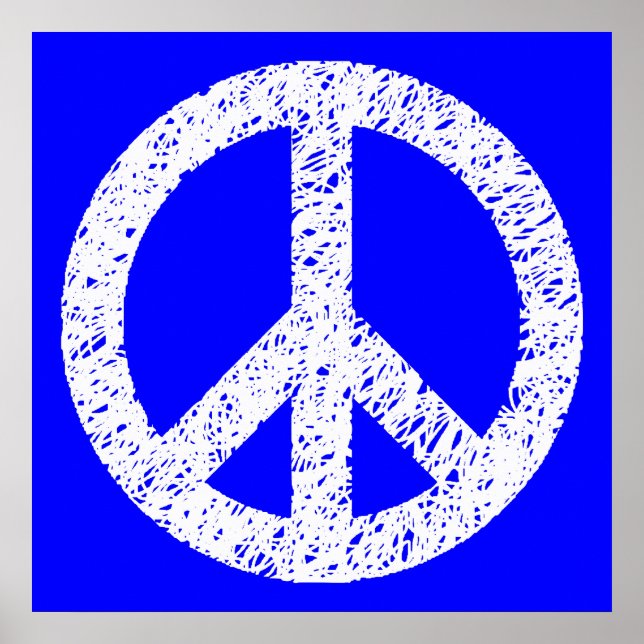 Scribble Stencilled Peace Symbol - White on Blue Poster (Front)