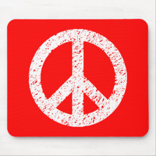 Scribble Stencilled Peace Symbol - White on Red Mouse Mat