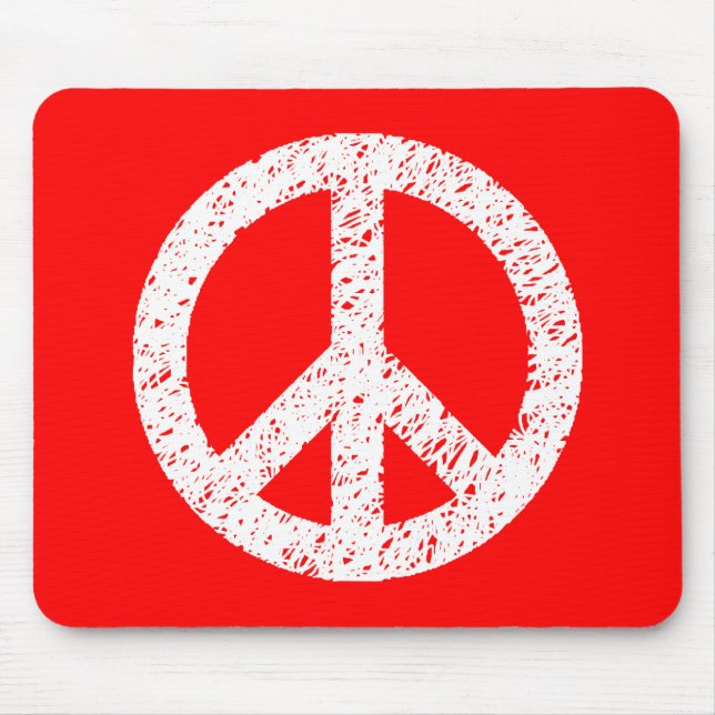 Scribble Stencilled Peace Symbol - White on Red Mouse Mat (Front)