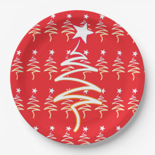 Scribble Tree + Star Christmas Holiday Red  Paper Plate