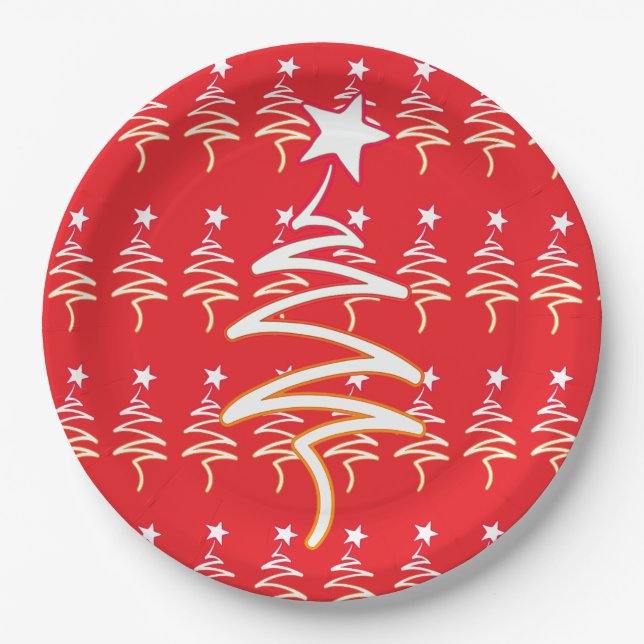 Scribble Tree + Star Christmas Holiday Red  Paper Plate (Front)