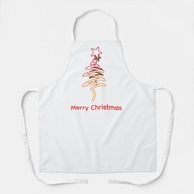Scribble Tree + Star Merry Christmas White  Apron (Front)
