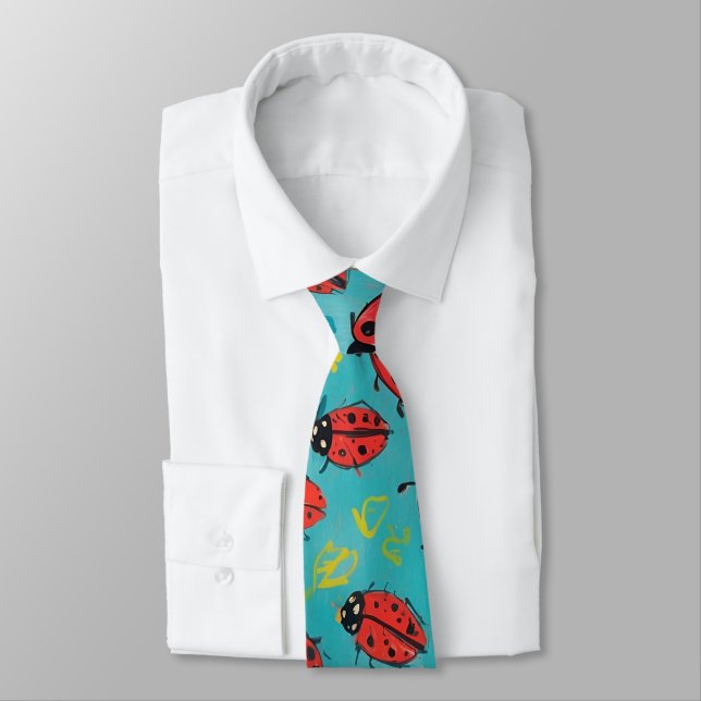 Scribbled Teal & Red Ladybug Pattern Tie (Tied)