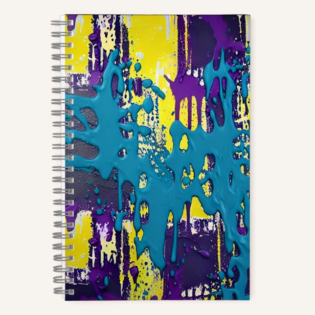 Scribbled Turquoise Purple Yellow Painted Pattern Notebook (Front)
