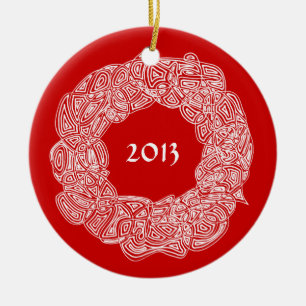 Scribbleprints Wreath - White, on Red Ceramic Tree Decoration
