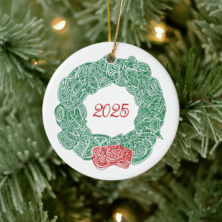 Scribbleprints Wreath - White, on Red Ceramic Tree Decoration
