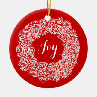 Scribbleprints Wreath - White, on Red Ceramic Tree Decoration