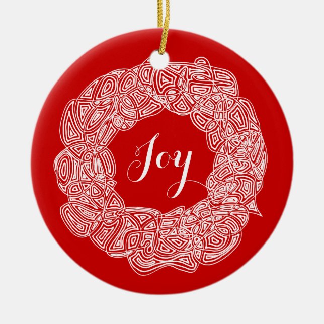 Scribbleprints Wreath - White, on Red Ceramic Tree Decoration (Front)