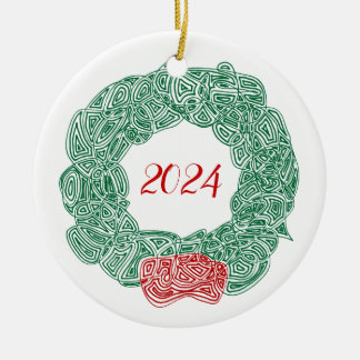 Scribbleprints Wreath - White, on Red Ceramic Tree Decoration