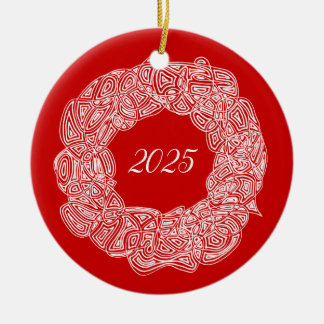 Scribbleprints Wreath - White, on Red Ceramic Tree Decoration