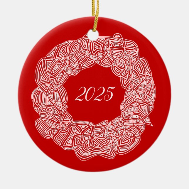 Scribbleprints Wreath - White, on Red Ceramic Tree Decoration (Front)