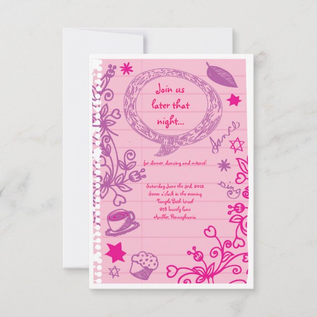 SCRIBBLES on NOTEPAPER Bat Bat Mitzvah Party Card (Front)