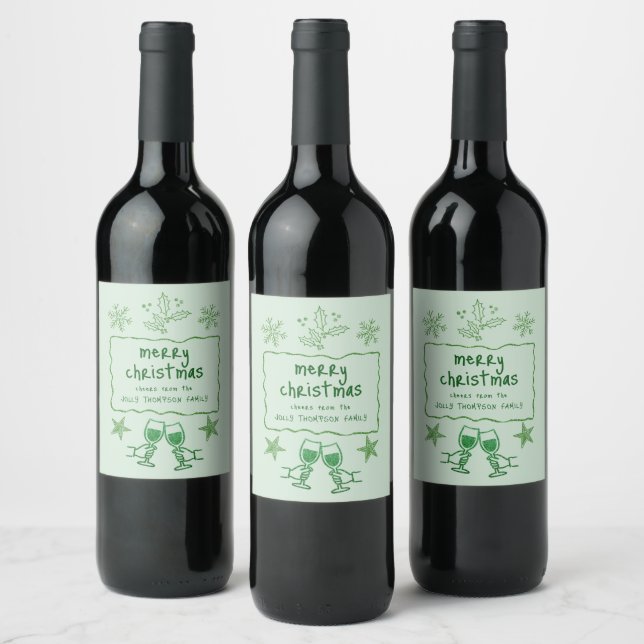 Scribbly Doodle Wavy Frame Glitter Green Christmas Wine Label (Bottles)